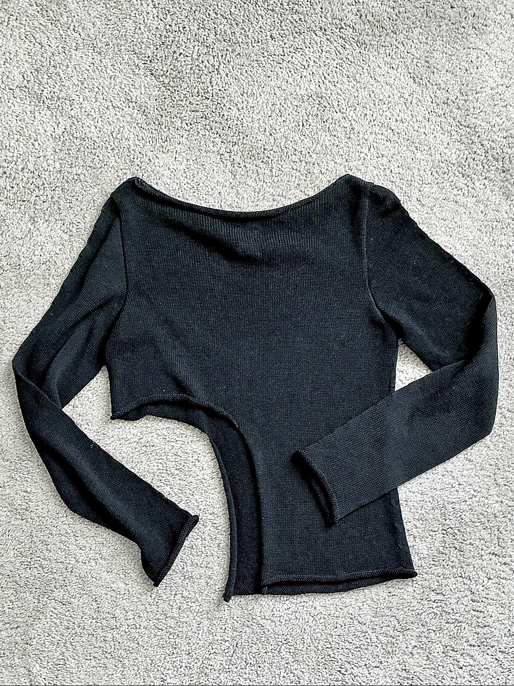 Cotton Knit Top Black Long Sleeve Medium